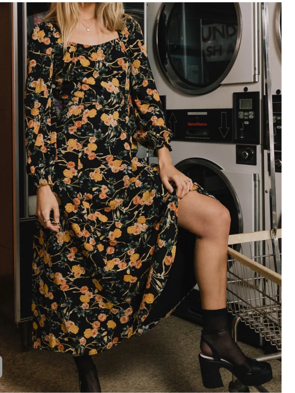 Bohme Floral Fall Midi Dress Women's XS Long Sleeve Black Yellow Peach Roses